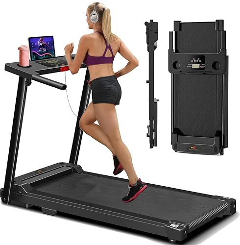 XEO HOME Folding Treadmill Electric Walking Pad for Home Office Gym Compact Running Machine NO ASSEMBLY with Handle Bar LED Display Bluetooth Speakers Adjustable Speed 1-10KM/H Phone & Bottle Holder