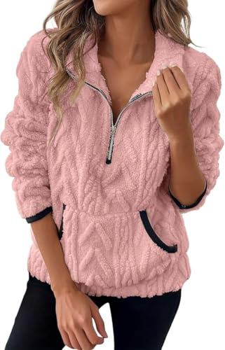 Crsiphee Women's Sherpa Fleece Pullover Half Zip Plush Teddy Fleece Sweatshirt with Pockets Cozy Oversized Winter Outwear for Fall and Winter 2026 Pink L