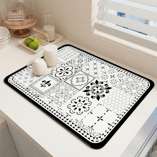 Dish Drying Mat,Quick Dry Silicone Dish Drainer Mat,Coffee Machine Mat,Kitchen Super Absorbent Draining Mat,Water Absorbent Mat for Kitchen Counter,Black and White Pattern,30x40cm