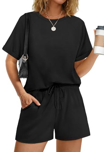 WIHOLL Two Piece Sets for Women 2 Piece Lounge Short Sets for Women Matching Set Womens Fashion Clothing Spring Summer Outfits Travel Beach Vacation Outfits Clothes Pjs Pajamas 2026 Black XL