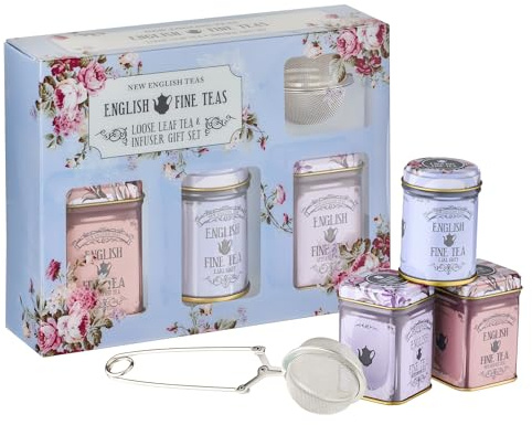 New English Teas Loose Leaf Tea & Infuser Gift Set – 3 Vintage Floral Tins with Breakfast, Earl Grey & Afternoon Blends with Loose Tea Infuser