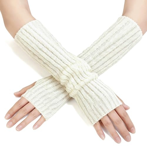 QINQINZIJIN Gants en Tricoté Arm Femme, Chauffe Bras pour Femmes, Gants Sans Doigts avec Trou Pouce, Unisexe, Doux et Chauds pour l'Hiver, pour Automne et Hiver en Extérieur (Blanc)
