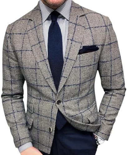Oanviso Blazer da Uomo a Scacchi Slim Fit Giacca Bottone Elegante Giacche da Abito Casual Cappotti Twill Cappotto Blazers Formale Giacca A Grigio XL