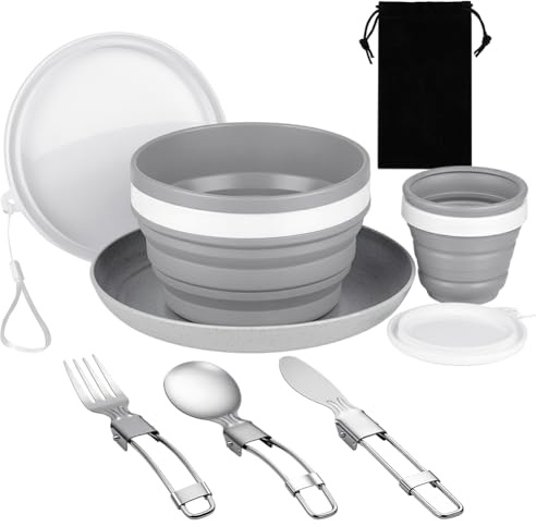 Vicloon Juego de Menaje Camping Plegable 6 en 1, Lncluye Cuchillo, Cuchara, Tenedor Acero Inoxidable, Taza, Cuenco, Plato y Bolsa, para Camping Picnic Senderismo Viaje Mochilero