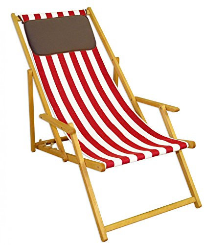 Sedia a Sdraio in Faggio a Righe Bianco-Rosse con braccioli e Cuscino Scuro 10-314NKD