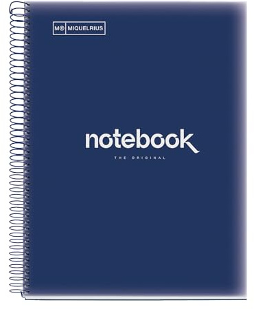 Miquelrius - Taccuino A4, Quaderno Emotions, 80 Fogli di 90 g/m², Griglia 5 x 5 mm, 1 Striscia a Colori, Spirale Microperforata, Copertina in Polipropilene, 4 Fori, Colore Blu Navy