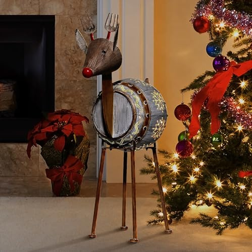 Alpine Corporation 33 Tall Indoor/Outdoor Metal Barrel Reindeer Christmas Decoration with LED Lights, Battery Operated, Winter Yard Decor