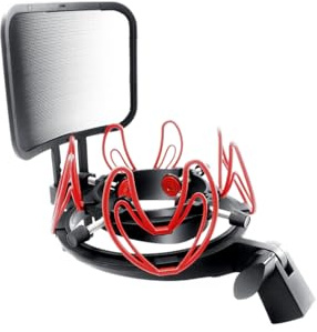 SUUNTOK Microphone Shock Mount with Pop Filter Universal Shock Stand for Microphones Size at 21-62mm Anti-Vibration Mic Holder Clip Compatible with AT2020 MXL 990 770 Rode NT1-A Neumann 103(Red)
