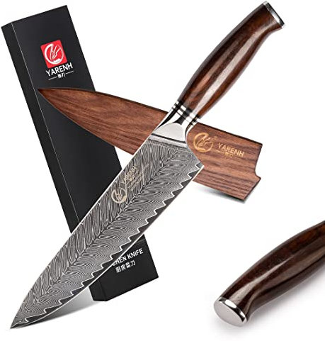 YARENH Coltello da Chef 20.5 cm, Professionale Coltelli da Cucina, 73 Strati di Acciaio Damasco ad Alto Tenore di Carbonio con Manico in Sandalo, Coltello Gyuto con Guaina in Legno