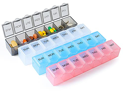 4 Pack Weekly Pill Organizer, 7 Days Pill Case Travel Daily Pill Box Portable Medicine Organizer and Planner with Compartment for Vitamins, Fish Oil, Supplements and Medication (4 Colors)