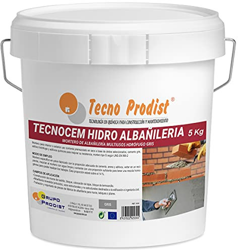 TECNOCEM HIDRO ALBAÑILERÍA de Tecno Prodist (5 Kg) Mortero de cemento para trabajos de albañilería y construcción, hidrófugo, ideal para revocos, enlucidos y colocación de ladrillos. Color Gris.