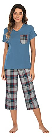 Famulily Capri Pjs Sets Cropped Short Sleeve Shirt and Pajama Pants Loungewear Set Denim Blue XXL