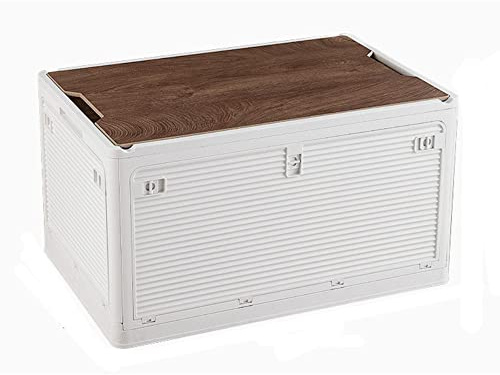 Radefasun Foldable Storage Bins with Wood Lids Plastic Collapsible Storage Box with Cutting Board Portable Stackable Grocery Container Folding Latching Storage Crate with Removable Pulley (S, White)