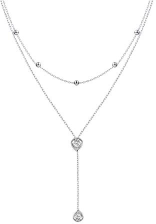 DAOCHONG Doppellagige Halskette aus S925-Sterlingsilber, tropfenförmiger CZ-Halsband Y-Lariat-Halskette Geburtstagsgeschenke für Frauen