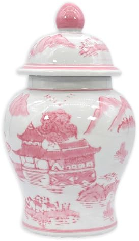 Galt International 8 Ceramic Ginger Jar w/Lid - Classic Chinese Style Porcelain Jar Tea Storage for Home Decor Decorative Centerpiece Vintage Accent Antique Vase Jingdezhen (Pink & White)