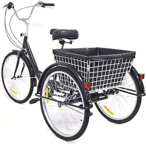 VonVVer 24 Inch Tricycle for Adult 8 Speed - Cruiser Bikes Height Adjustable Cargo Trike 110KG Load 3 Wheel Adult Trike Bike with Basket and Black Bag Cargo for Women Men (Black)