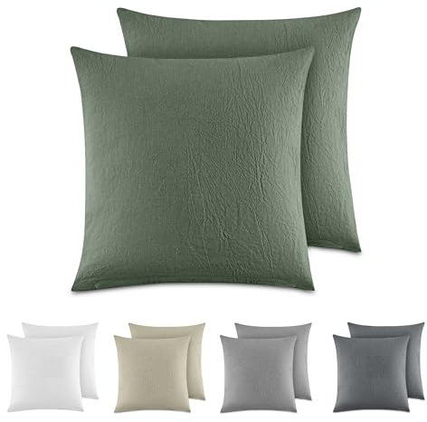 Dreamzie Kissenbezug 40x40 cm 2er Set - 100% Gewaschene Baumwolle, Grün, Kissenbezüge Oeko-TEX Zertifiziert, Leinenoptik und Atmungsaktiv Kissenhülle, Kopfkissenbezug mit Reißverschluss