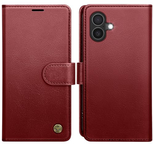 AIMOYU for iPhone 16 Case, Flip Wallet Leather Phone Case with [4 Card Slots] [Kickstand] [RFID Blocking] Magnetic Protective Shockproof Cover for iPhone 16 Phone Case - Wine Red