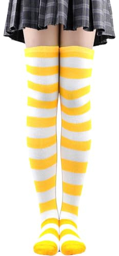 Anevous 1 par de calcetines altos para mujer a rayas por encima de la rodilla, calcetines largos a rayas, calcetines altos para calcetines, leggings deportivos, cosplay, amarillo + blanco