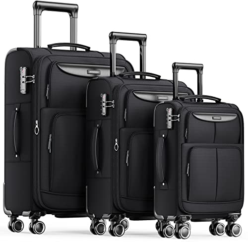SHOWKOO Kofferset 3 Teilig Stoffkoffer Weichschale Reisekoffer Erweiterbar Leicht Haltbar Trolley Handgepäck Sets mit TSA Schloss und 4 Rollen (M L XL -Schwarz)
