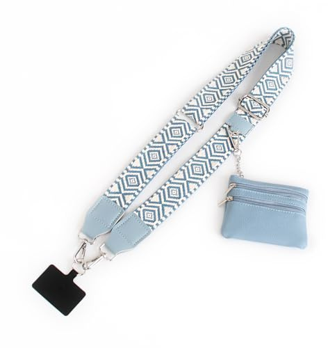 Correa cruzada para teléfono con bolsa con cremallera, correa de clip para teléfono con cartera, correa de muñeca ajustable para teléfono (06 azul bebé)