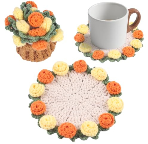 Fnaobai Handmade Crochet Coaster Set with Mini Basket -Boho Floral Coasters for Coffee Table, Wedding Gift, Housewarming, Birthday Vintage Rose Design (Yellow)