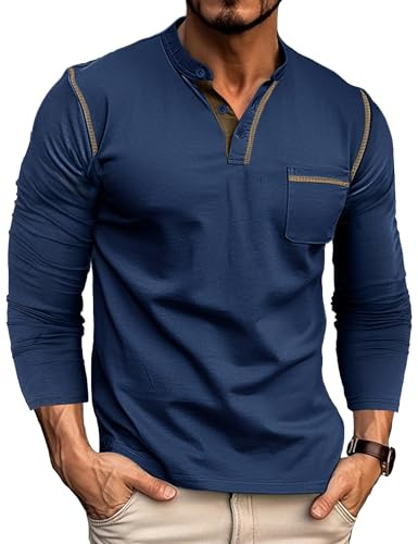 T Shirt Manche Longue Homme Tee-Shirt Coton Henley T-Shirts Casual Boutonné Tshirt Regular Fit Bleu XL