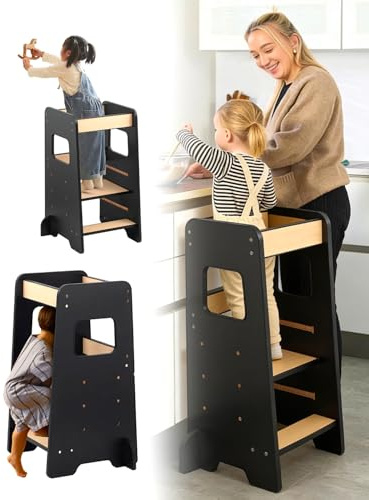 Xubby Lullza Toddler Step Stool - Adjustable Height Wooden Step Stool for Counter, Kids Kitchen Step Stool, Kitchen Tower for Toddlers, Grows With Your Child, Black
