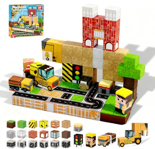 Pmueuff Construction Magnetique Enfant 100 Pièces, 2CM Magnetic Blocks,Thème du Chantier de Construction,Jouet Créatif Montessori Enfants 3 4 5 6 7 8 9 10 11 12 Ans Jeu e pour Garçon et Fille