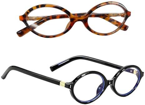 2PCS Retro Oval Blue Light Glasses Womens and Mens, Screen Light Blocking Glasses for Gaming Computer Screen, Suitable for Gaming/Office Work/Reading/Outdoor Use（Deep Leopard Print and Bright Black）