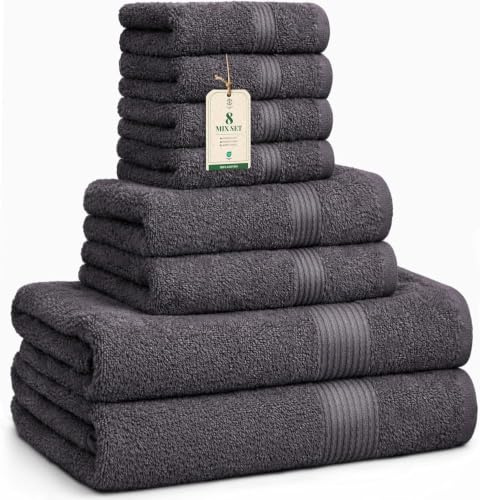 HomeBurg Luxe Set de Toallas 100% Algodón - 8 Piezas, 3 tamaños (30×30, 40×70 y 65×137 cm) - Suaves, absorbentes y de fácil Cuidado, Gris
