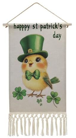 Jubonexis Arazzo da parete in lino, grazioso uccello felice che indossa un leprechaun verde cappello a cilindro, poster vintage da parete con nappa e asta in legno