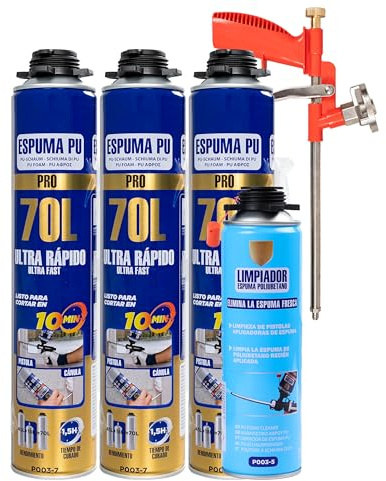 Etrexonline Kit Espuma de Poliuretano 70L Ultra Rápida – 3 Botes de 750ml + Pistola Aplicadora + Limpiador 500ml, Espuma Expansiva para Sellado y Aislamiento