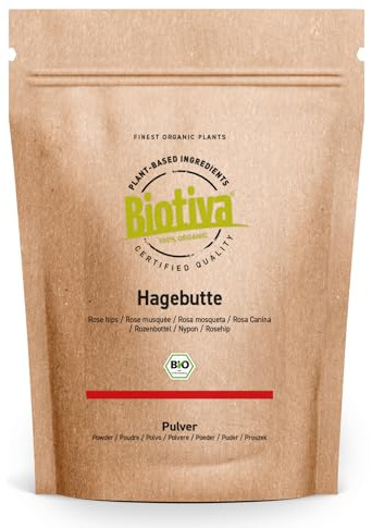 Biotiva Rosenhöft pulver organiskt 1 000 g – rosa canina – 100% ekologisk – mark från hela nypon – ekonomiförpackning med prisfördel – förpackad och kontrollerad i Tyskland (DE-ECO-005)