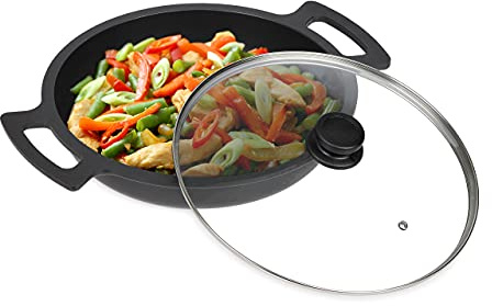 Relaxdays Sartén para servir, apta para inducción, antiadherente, con tapa de cristal, aluminio, 32 cm, color negro