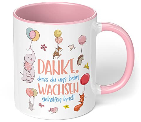 Kita Tasse Danke, dass du uns beim Wachsen geholfen hast - Dankeschön Kaffeetasse als Abschiedsgeschenk Kindergarten für Erzieherin, Tagesmutter - beidseitig bedruckt - spülmaschinenfest - innen Rosa