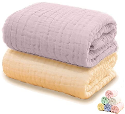 MOOMERRY® 2 Stücke Thermo-Musselin Decke 110 × 110 cm – 6-lagig – 100% Fein Gewebte Baumwolle – Mulltuch Krabbeldecke Badetuch Pucktuch Spucktuch – Premium Qualität (Violett und Beige)