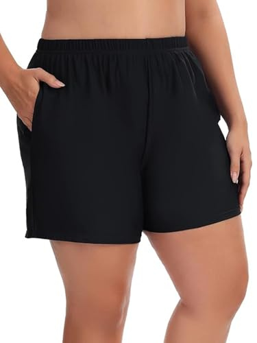 Aderea Women's Plus Size Swim Shorts Tummy Control Bathing Suit Trunks High Waisted Swimsuit Board Shorts Swimwear Tankini Bikini Bottoms Long Black
