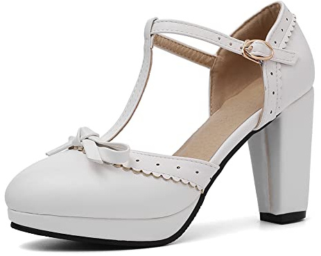 LIPIJIXI Mode Femmes T-Strap Talons Hauts Bow Pumps Bout Rond Pumps Lolita Doux Chaussures Dress Sandales Block Heel Mary Janes Pumps White 35