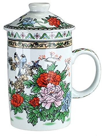 Keramik Teetasse mit Deckel + Sieb für Losen Tee mit Asiatischem Motiv (Vogel in Rosen, 041) Japanische Chinesische Tasse Für Teeliebhaber, Porzellan Kaffee Geschenk Set Asien Asia Becher Haferl