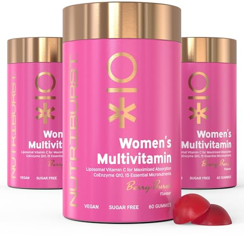 Nutriburst Women’s Multivitamin • 3 Months • Vegan & Sugar Free | 180 berry flavour multivitamin gummies to regulate hormones & boost collagen with 15 micronutrients; B5, B6, B12, C, D.