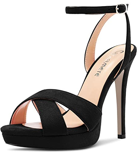 Castamere Women Stiletto High Platform Heel Peep Open Toe Ankle Strap Sandals Wedding Prom 12 CM Heels Black 9 UK