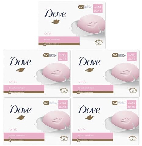 Dove Pink Moisturising Beauty Cream Bar 3 in 1 Cleanses, Moisturises and Nourishes Soap for Soft, Smooth Skin Vegan, Crealty Freee and Dermatologically Tested Beauty Soap 2x90g, 5 Pk