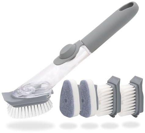 Spülbürste mit Spülmittelspender, Spülbürste mit 4 Ersat Bürsten, Befüllbare Spülbürste, Multifunktionale Küchen Bürste für Geschirr, für Geschirr, Töpfe, Spülbecken Reinigung