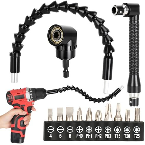 13Pcs Flexible Drill Bit Extensions Set Adapter, 11.8 inch Bendable Flexible Drill Bit Extension, 90° Right Angle Screwdriver, 105° Degree Right Angle Drill Attachment and 10Pcs Screwdriver Bit Set