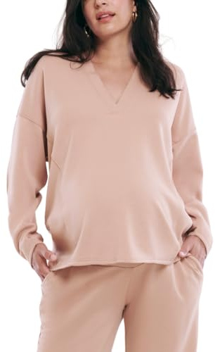 Motherhood Maternity Women's Long Sleeve V-Neck Scuba Pullover Nursing Hoodie, Brush, Medium