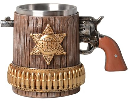 HAUCOZE Boccale da birra, tazza da caffè a doppia parete isolata in acciaio inox con manico, 450 ml, design sceriffo per Oktoberfest regali e oggetti da collezione