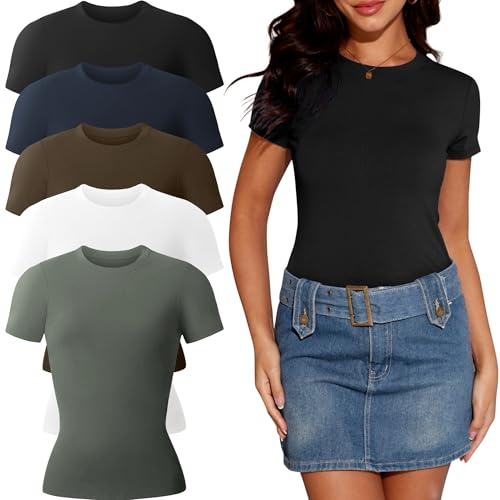 YOIOWVY Womens T-Shirts Basic Tops Short Sleeve Fitted Crew Neck 5Pcs