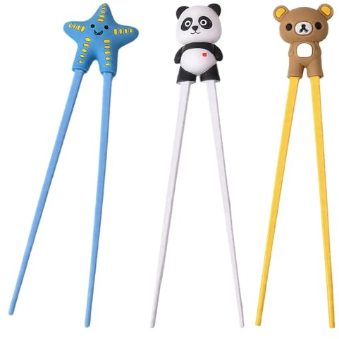 HORREX 3 Pezzi Bacchette Sushi Bambini con Assistente Bacchette Cinesi Riutilizzabili per Imparare Chopsticks con Motivo di Animali Gadget per Imparare Antiscivolo Principianti Bambini Anziani