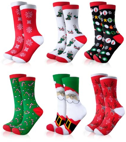 6 Paires Chaussettes de Noël pour Femmes et Hommes, Chaussette Noel Drôle, Chausette Noel Motif Fantaisie de Noël, Chaussette de Noëls en Coton, Chaussettes Chaudes Hiver 36-43